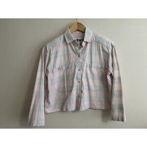80s Vintage Pastel Pink Green Button Down Collared Shirt Cropped Medium Boxy